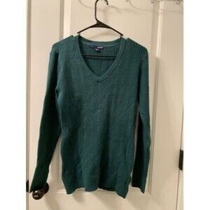 Women’s Basic Editions Green Knit V-Neck Sweater Size Large Slim Fit